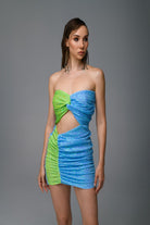 Gira Official-Mavi Yeşil Payetli Cut Out Detaylı Straplez Elbise-Elbise-3-Milagron.com