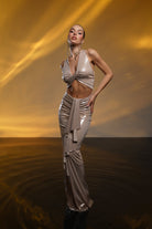 Gira Official-Metalik Krem Cut Out Detaylı Maxi Elbise-Elbise-1-Milagron.com