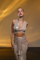 Gira Official-Metalik Krem Cut Out Detaylı Maxi Elbise-Elbise-2-Milagron.com