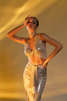 Gira Official-Metalik Krem Cut Out Detaylı Maxi Elbise-Elbise-5-Milagron.com