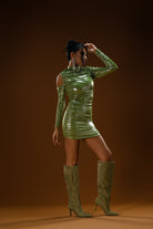 Gira Official-Metalik Yeşil Drapeli Mini Elbise-Elbise-1-Milagron.com