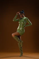 Gira Official-Metalik Yeşil Drapeli Mini Elbise-Elbise-3-Milagron.com