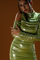 Gira Official-Metalik Yeşil Drapeli Mini Elbise-Elbise-9-Milagron.com