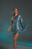 Gira Official-Mint Payetli Tek Omuz Geniş Kol Detaylı Mini Elbise-Elbise-1-Milagron.com