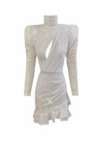 Gira Official-Payetli Fırfırlı Elbise Beyaz Hologram-Elbise-1-Milagron.com