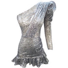 Gira Official-Payetli Tek Kol Fırfırlı Elbise Gümüş/bej-Elbise-1-Milagron.com