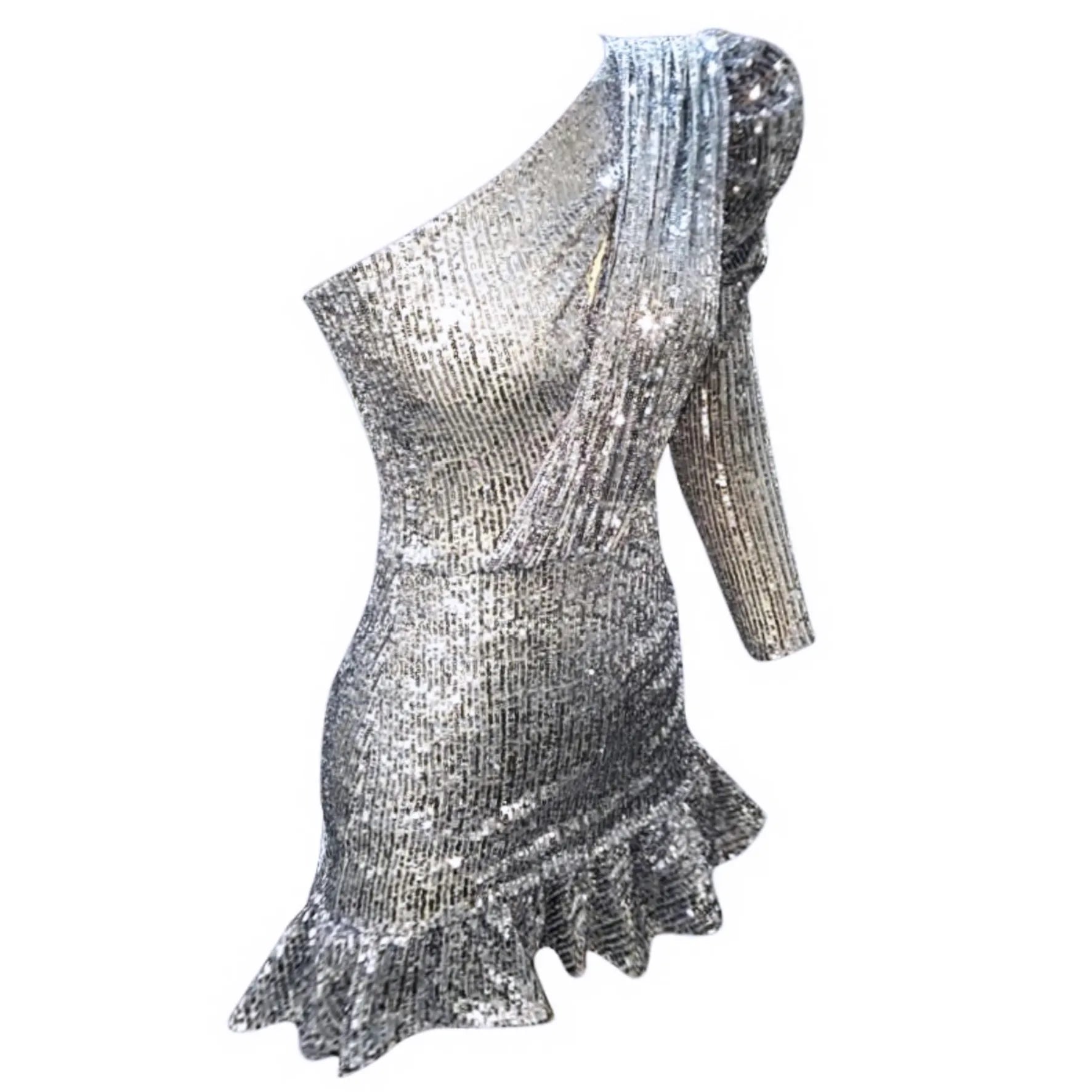 Gira Official-Payetli Tek Kol Fırfırlı Elbise Gümüş/bej-Elbise-2-Milagron.com