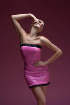 Gira Official-Pembe Payetli Siyah Şerit Detaylı Korsajlı Straplez Elbise-Elbise-1-Milagron.com