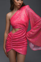 Gira Official-Pembe Payetli Tek Omuz Geniş Kollu Elbise-Elbise-2-Milagron.com