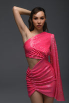 Gira Official-Pembe Payetli Tek Omuz Geniş Kollu Elbise-Elbise-3-Milagron.com