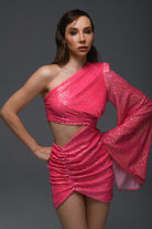 Gira Official-Pembe Payetli Tek Omuz Geniş Kollu Elbise-Elbise-4-Milagron.com