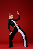 Gira Official-Siyah Beyaz Seritli Payetli Crop Top Pantolon Takım-Elbise-1-Milagron.com