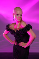 Gira Official-Siyah Çiçek Detaylı Düşük Omuz Mini Elbise-Elbise-3-Milagron.com