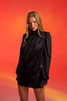 Gira Official-Siyah Drapeli Mini Elbise-Elbise-1-Milagron.com