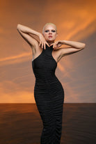 Gira Official-Siyah Parlak Taşlı Drapeli Elbise-Elbise-2-Milagron.com