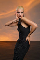 Gira Official-Siyah Parlak Taşlı Drapeli Elbise-Elbise-3-Milagron.com