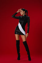 Gira Official-Siyah Payetli Beyaz Şerit Detaylı Mini Elbise-Elbise-5-Milagron.com