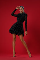 Gira Official-Siyah Payetli Boğazlı Mini Elbise-Elbise-3-Milagron.com