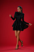 Gira Official-Siyah Payetli Boğazlı Mini Elbise-Elbise-4-Milagron.com