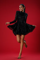 Gira Official-Siyah Payetli Boğazlı Mini Elbise-Elbise-5-Milagron.com