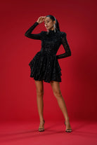 Gira Official-Siyah Payetli Boğazlı Mini Elbise-Elbise-6-Milagron.com