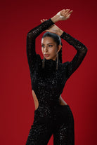 Gira Official-Siyah Payetli Cut Out Detaylı Tulum-Elbise-1-Milagron.com