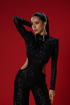 Gira Official-Siyah Payetli Cut Out Detaylı Tulum-Elbise-2-Milagron.com