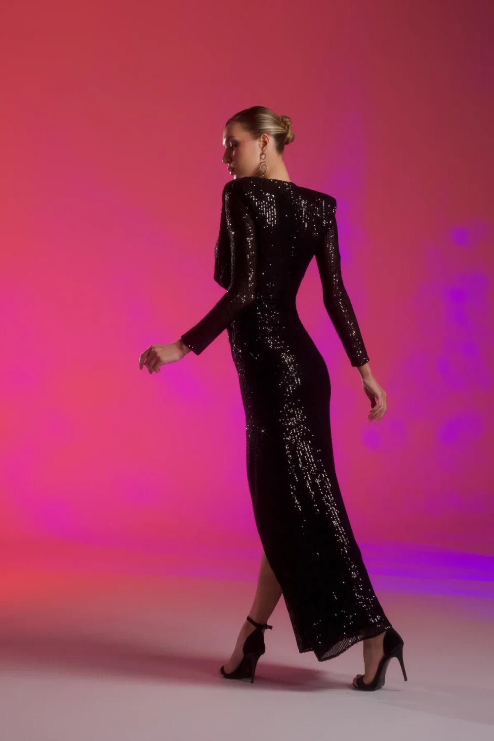 Gira Official-Siyah Payetli Drape Detaylı Uzun Elbise-Elbise-2-Milagron.com