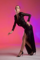 Gira Official-Siyah Payetli Drape Detaylı Uzun Elbise-Elbise-5-Milagron.com