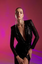 Gira Official-Siyah Payetli Drape Detaylı Uzun Elbise-Elbise-6-Milagron.com