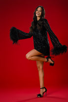 Gira Official-Siyah Payetli Geniş Kollu Tüy Detaylı Elbise-Elbise-6-Milagron.com