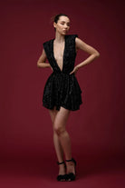 Gira Official-Siyah Payetli Kolsuz Mini Elbise-Elbise-1-Milagron.com