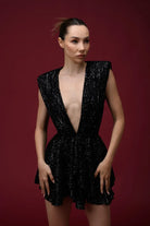 Gira Official-Siyah Payetli Kolsuz Mini Elbise-Elbise-3-Milagron.com