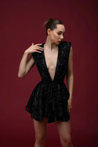 Gira Official-Siyah Payetli Kolsuz Mini Elbise-Elbise-6-Milagron.com