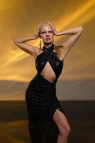 Gira Official-Siyah Payetli Yırtmaç Detaylı Maxi Elbise-Elbise-1-Milagron.com