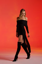 Gira Official-Siyah Simli Omuzu Açık Kuşak Detaylı Mini Elbise-Elbise-1-Milagron.com