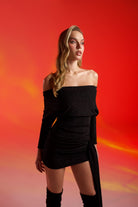 Gira Official-Siyah Simli Omuzu Açık Kuşak Detaylı Mini Elbise-Elbise-2-Milagron.com