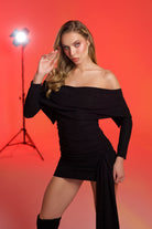 Gira Official-Siyah Simli Omuzu Açık Kuşak Detaylı Mini Elbise-Elbise-3-Milagron.com