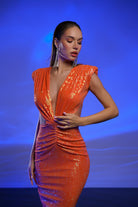 Gira Official-Turuncu Payetli Cut Out Detaylı Midi Elbise-Elbise-1-Milagron.com