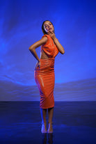 Gira Official-Turuncu Payetli Cut Out Detaylı Midi Elbise-Elbise-7-Milagron.com