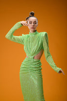 Gira Official-Yeşil Payetli Cut Out Detaylı Midi Elbise-Elbise-3-Milagron.com