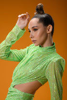 Gira Official-Yeşil Payetli Cut Out Detaylı Midi Elbise-Elbise-5-Milagron.com