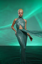 Gira Official-Yeşil Payetli Kuşak Detaylı Maxi Elbise-Elbise-4-Milagron.com