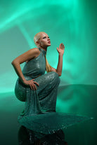 Gira Official-Yeşil Payetli Kuşak Detaylı Maxi Elbise-Elbise-8-Milagron.com