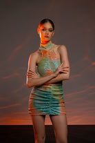 Gira Official-Yeşil Turuncu Payetli Batik Desen Mini Elbise-Elbise-1-Milagron.com