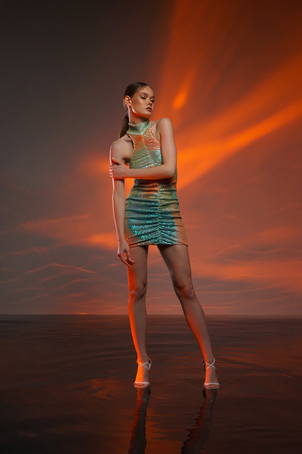 Gira Official-Yeşil Turuncu Payetli Batik Desen Mini Elbise-Elbise-5-Milagron.com