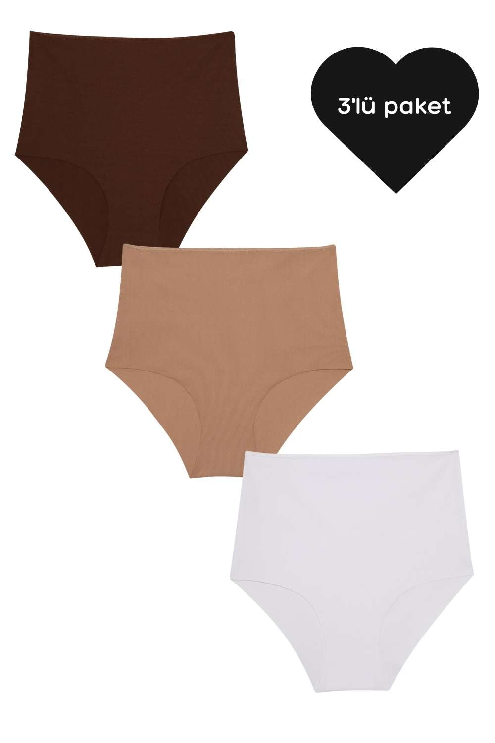 Lazer Kesim Yüksek Bel Cheeky Külot - 3'lü Paket - Kahverengi, Ten Rengi, Beyaz - 0