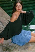 Handarte Los Angeles-Manşetli Siyah Müslin Crop-Crop Top-6-Milagron.com