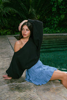 Handarte Los Angeles-Manşetli Siyah Müslin Crop-Crop Top-7-Milagron.com