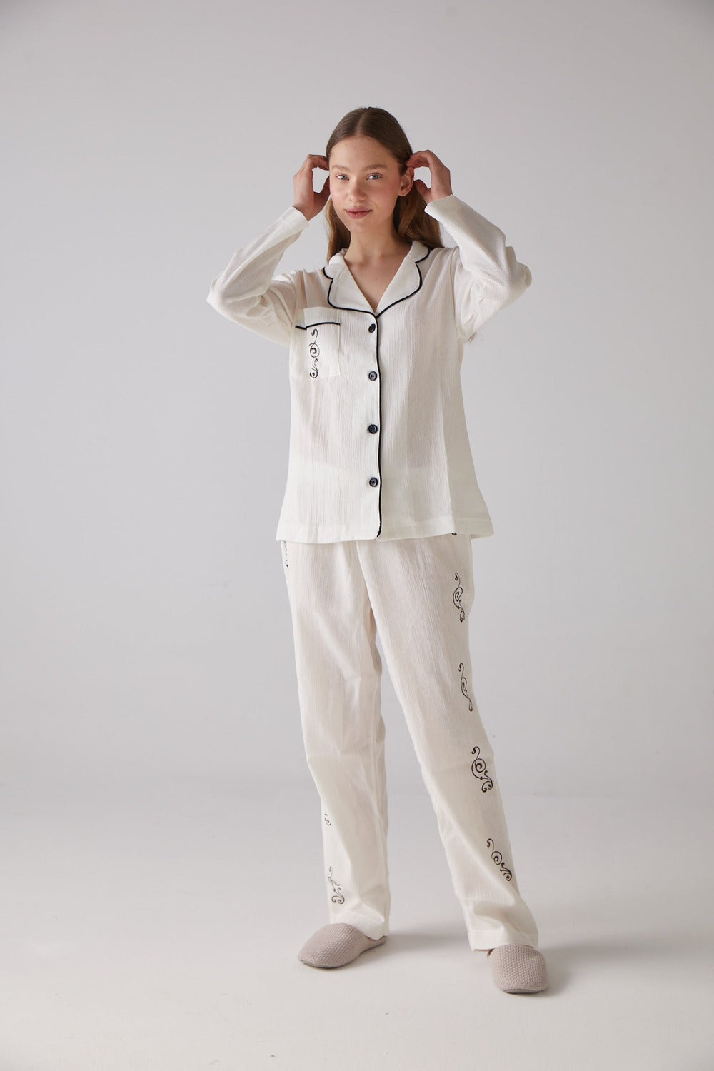 Handarte Los Angeles-Nota Desen Beyaz Uzun Pijama Takımı-Pijama Takımı-2-Milagron.com